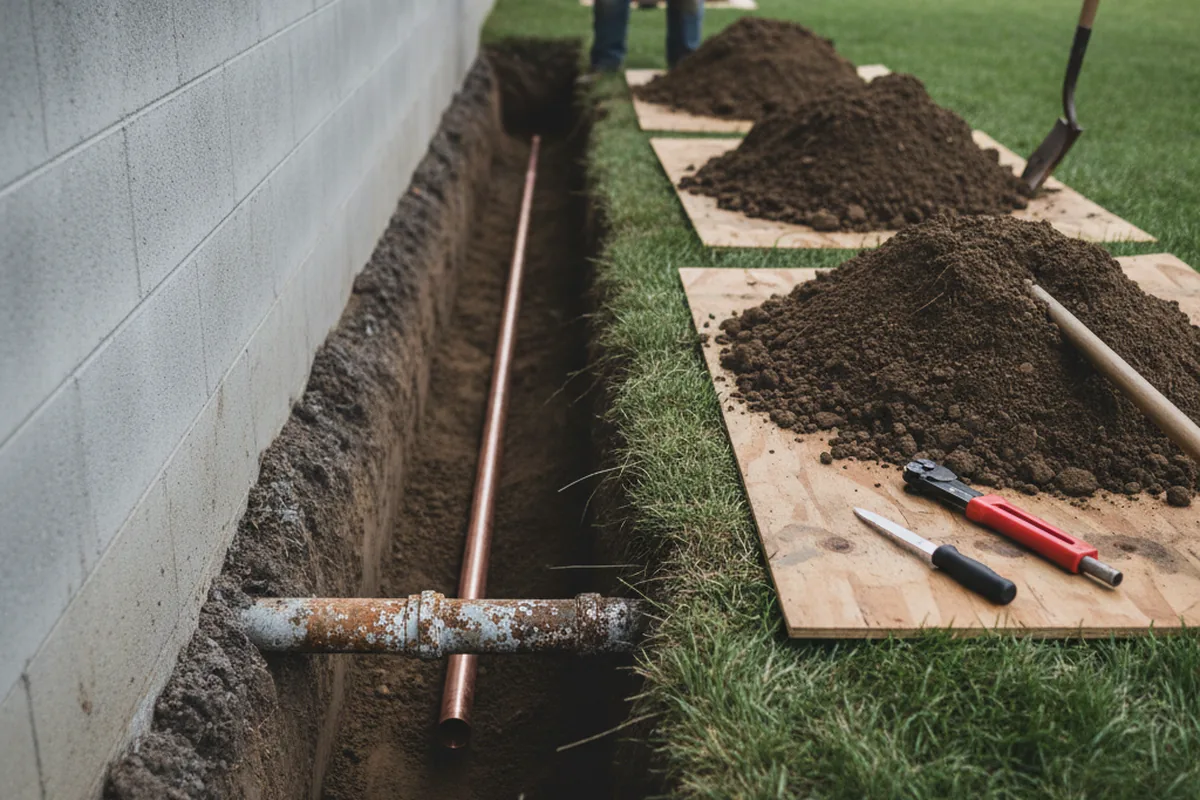 Excavated water line trench during Water Heater Repair in Cutchogue
